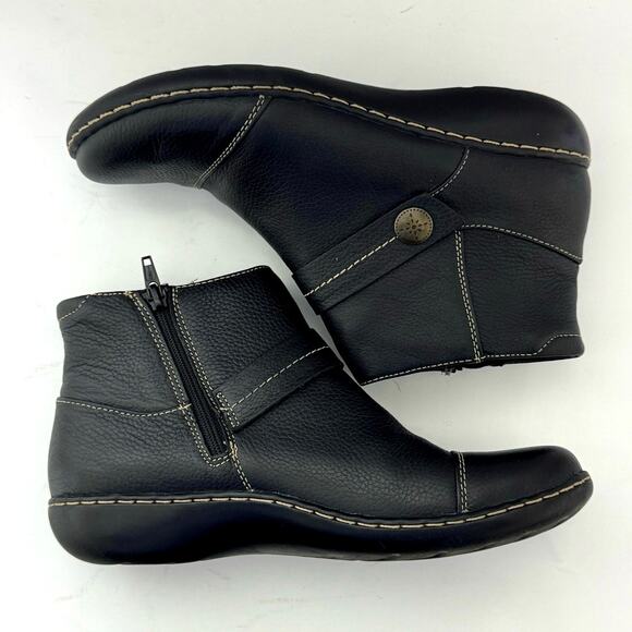 Clarks Collection Women’s Black Leather Side Zip Strap Accent Ankle Boots 7.5 M - Picture 8 of 10